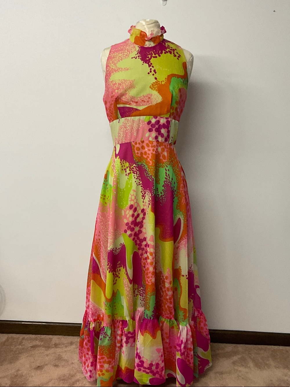 Vintage 70’s Neon Abstract long ruffle dress Juniors size 9/10